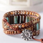 Natural Jasper & Sunflower Charm Leather Wrap Bracelet