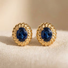 Gold Sapphire Oval Floral Stud Earrings