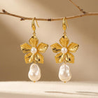 Gold Flower Pearl Drop Earrings