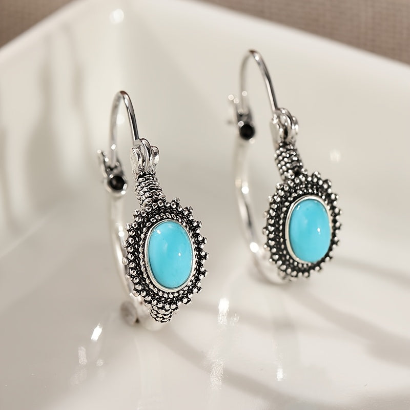 Vintage Ethnic Style Turquoise Oval Hoop Earrings