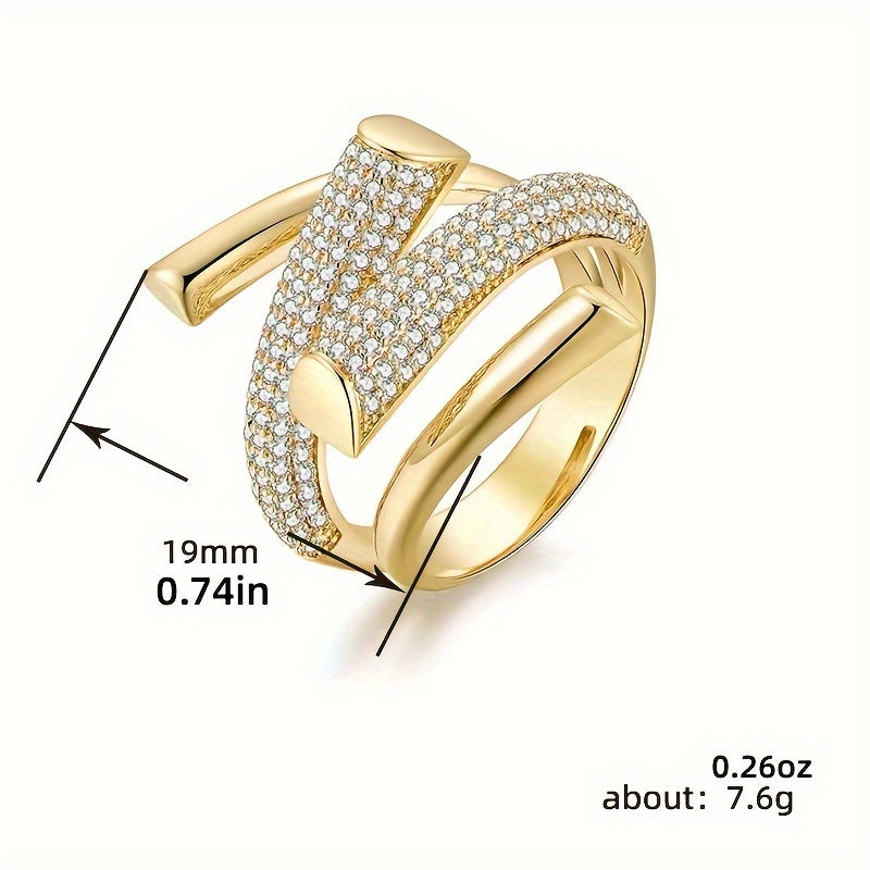 Classic Wide Gold Inlaid Zirconia Adjustable Open Band Ring