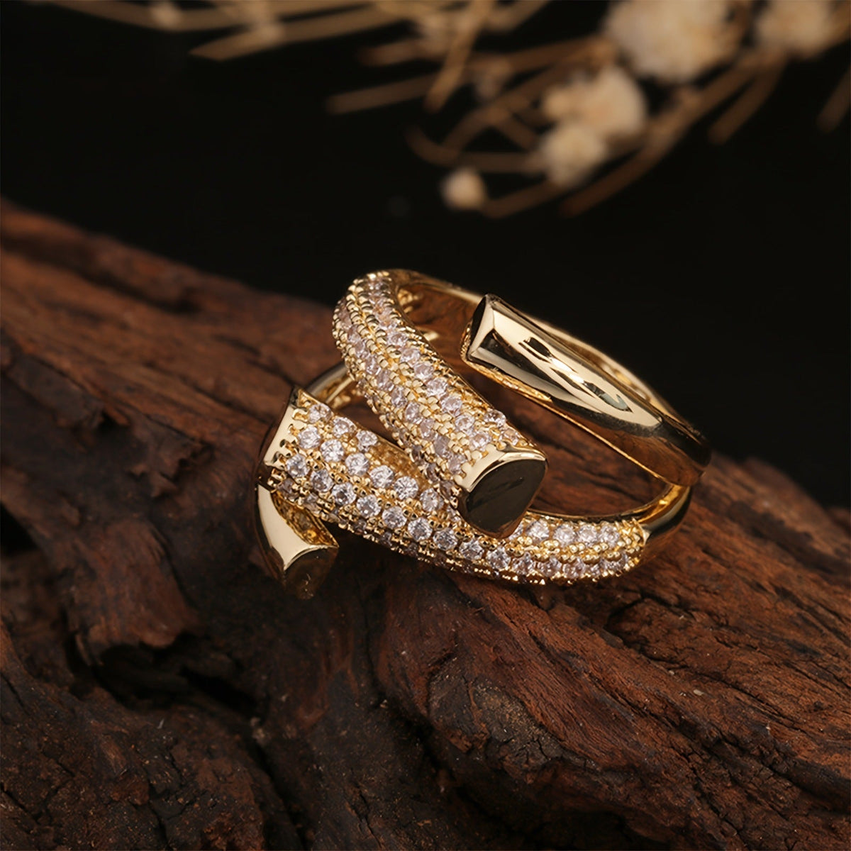 Classic Wide Gold Inlaid Zirconia Adjustable Open Band Ring