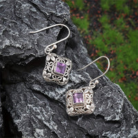 Vintage Purple Zirconia Floral Filigree Drop Earrings