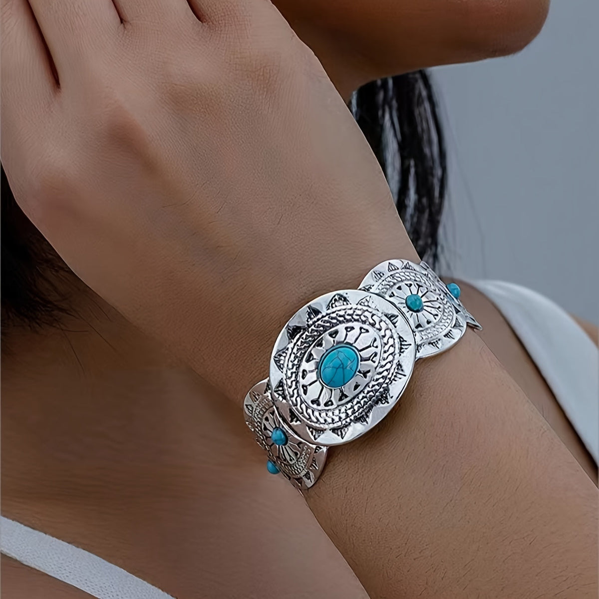 Vintage Stamped Turquoise Silver Plated Cuff Bracelet