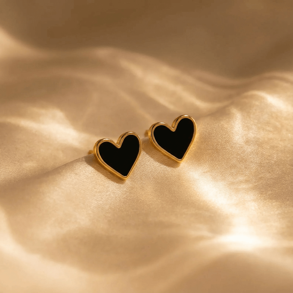 Elegant Boho Black Enamel Heart Stud Earrings
