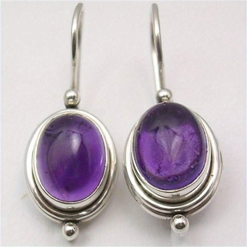 Vintage Boho Purple Gemstone Silver Plated Drop Earrings
