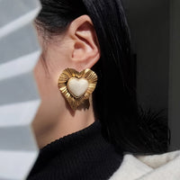 Vintage Gold Plated Faux Pearl Inlay Heart Shaped Stud Earrings