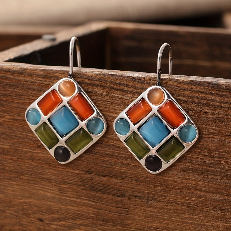 Vintage Geometric Multicolor Stone Drop Earrings