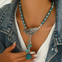 Vintage Bohemian Style Turquoise Beads Leaf Pendant Necklace