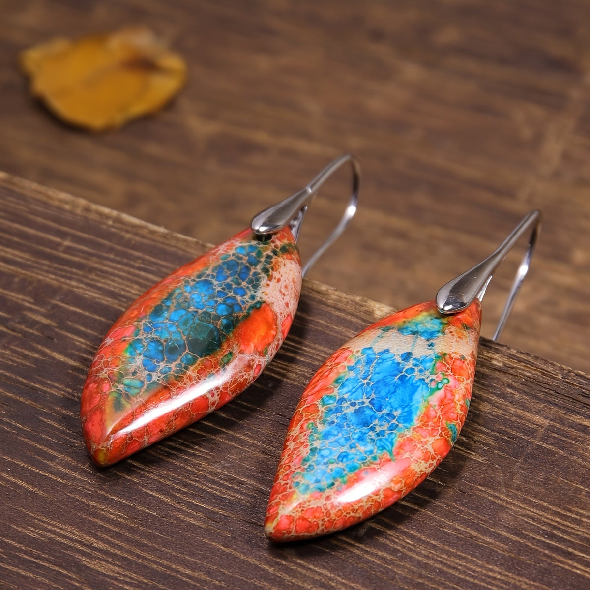 Vintage Bohemian Orange and Blue Natural Stone Leaf Earrings