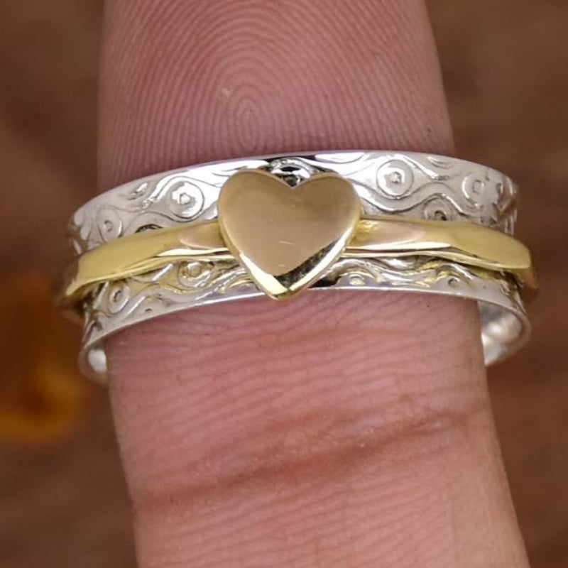 Vintage Two Tone Patterned Heart Spinner Ring