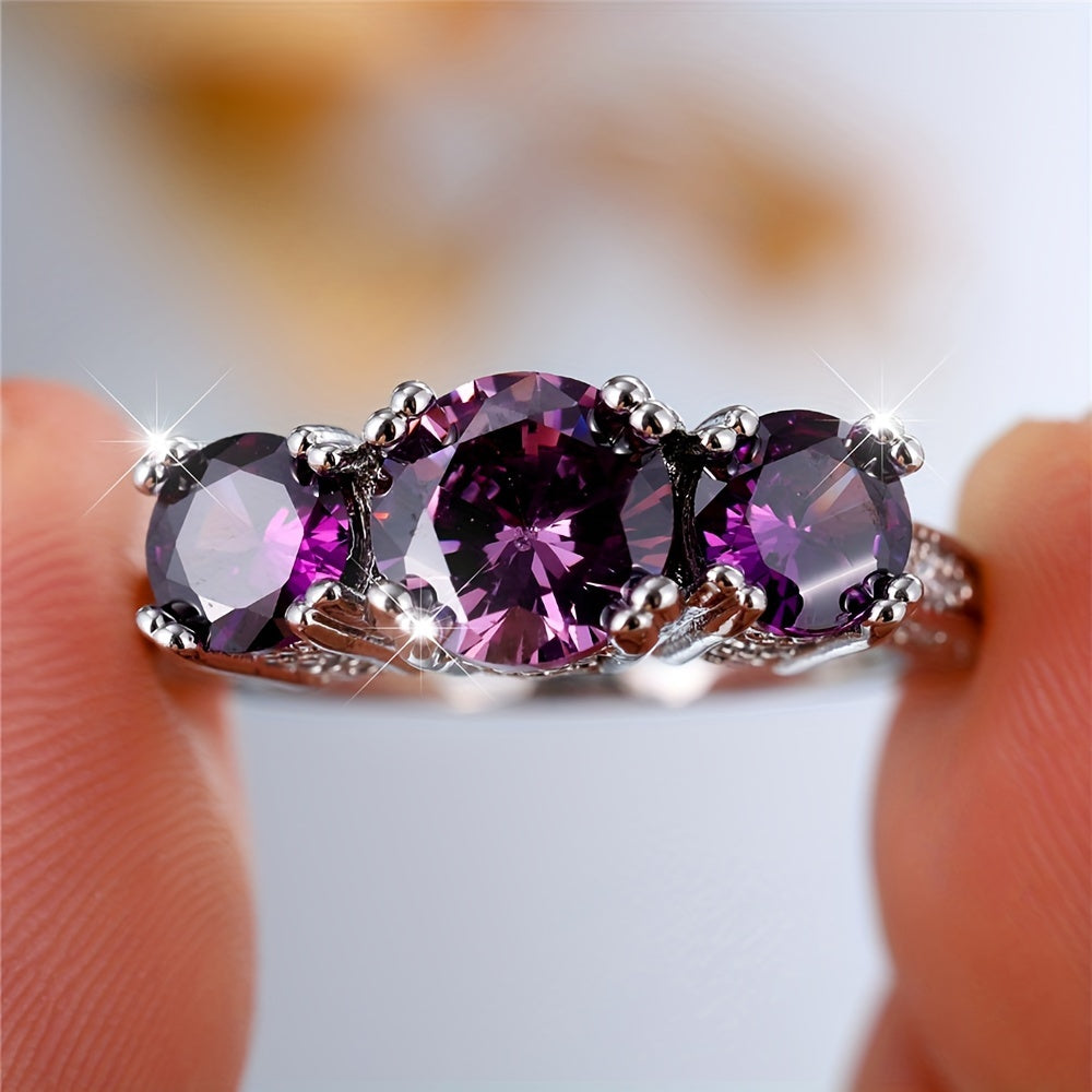 Vintage Style Three Stone Purple Round Zirconia Ring