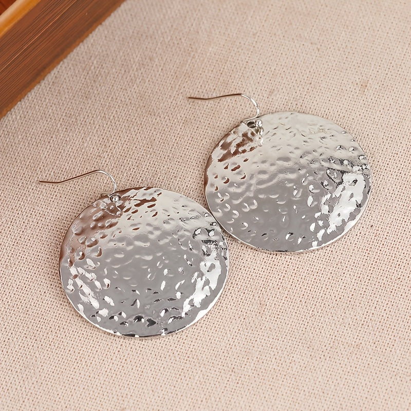 Vintage Hammered Large Disk Dangle Circle Earrings