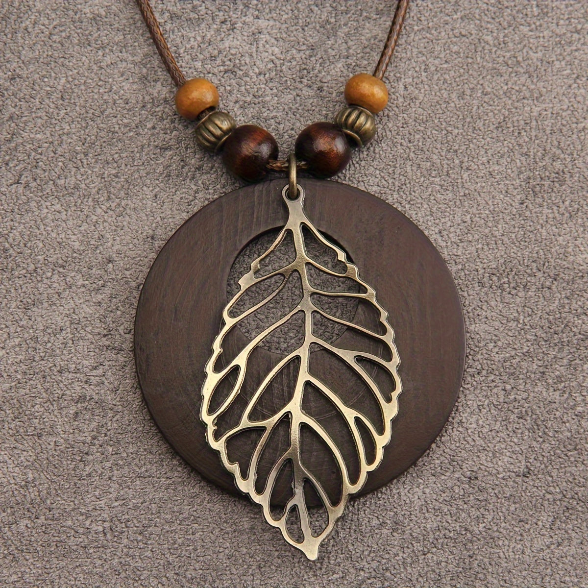 Bohemian Wax Rope Leaf Shaped Pendant Long Necklace