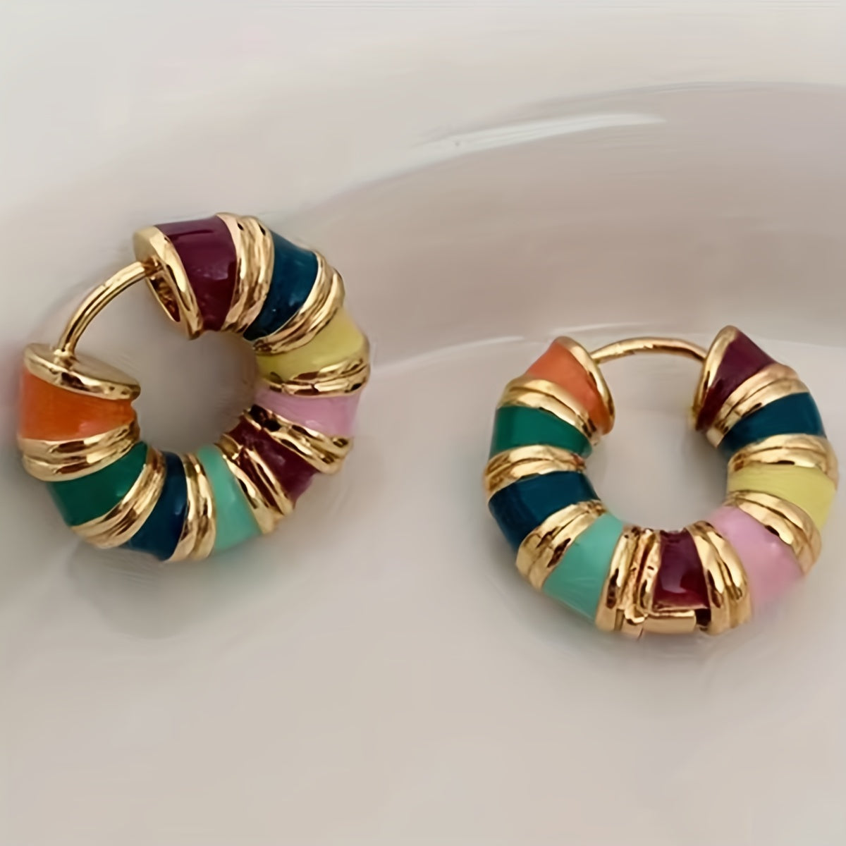 Vintage Enamel Huggie Hoop Earrings with Gold Accents