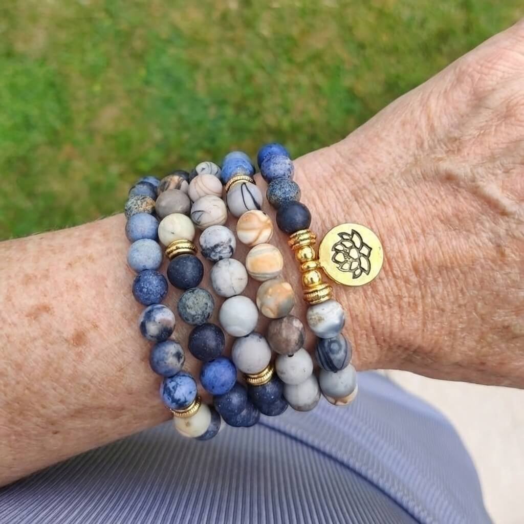 108 Natural Picasso Jasper & Blue Stone Mala Bead Bracelet