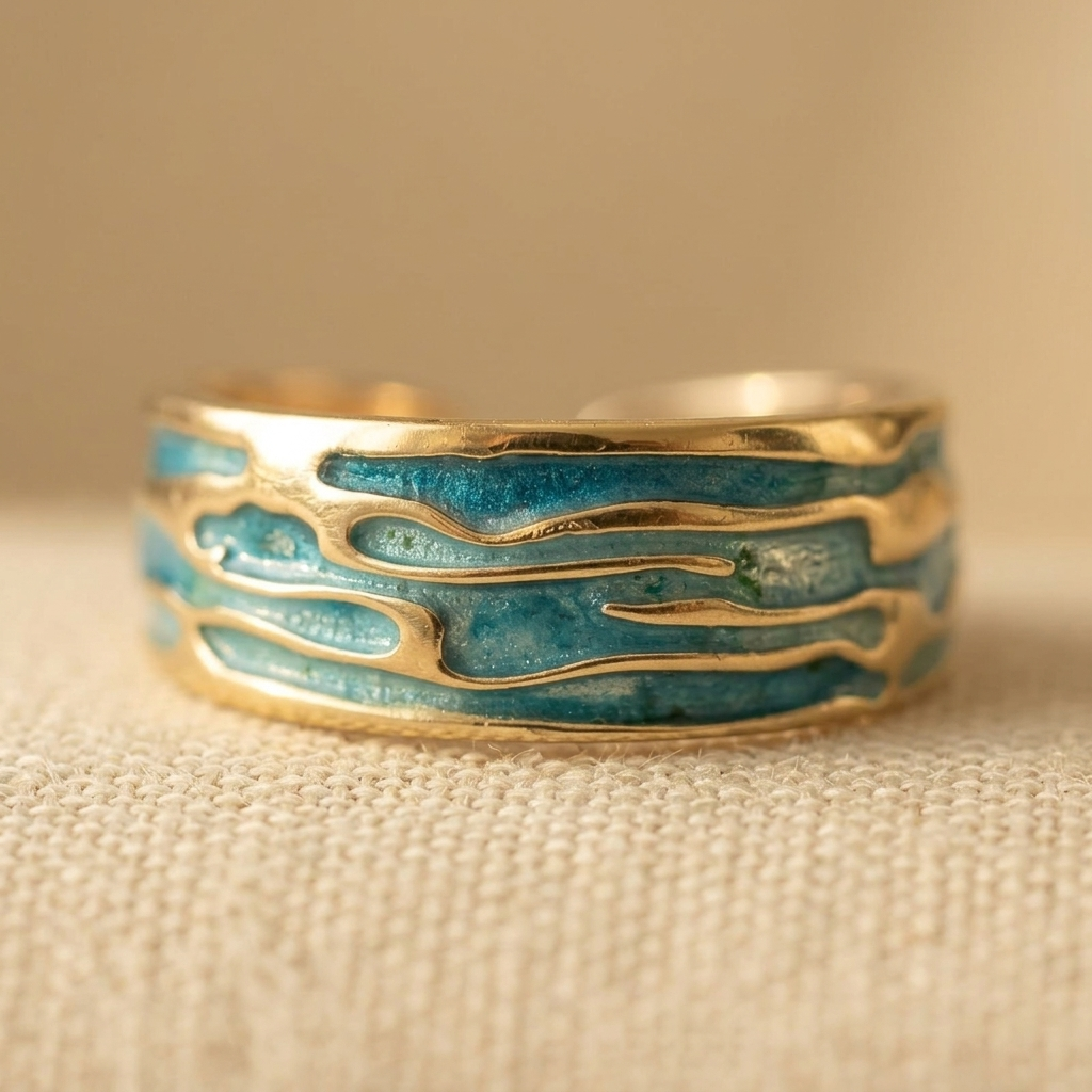 Vintage Boho Blue Ocean Gold Accent Adjustable Ring