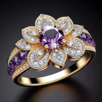 Elegant Gold Floral Purple Crystal Ring