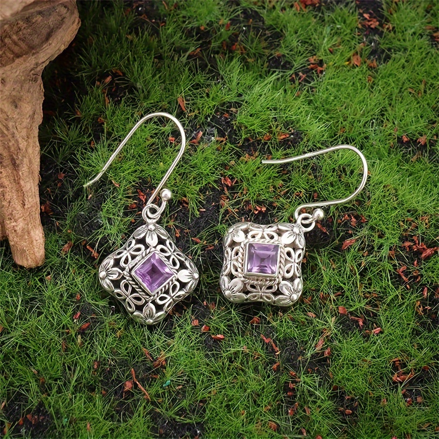 Vintage Purple Zirconia Floral Filigree Drop Earrings