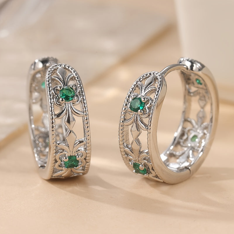 Vintage Retro Hollowed Carved Design Green Zirconia Earring