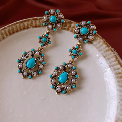 Floral Turquoise & Pearl Gold Plated Leverback Earrings
