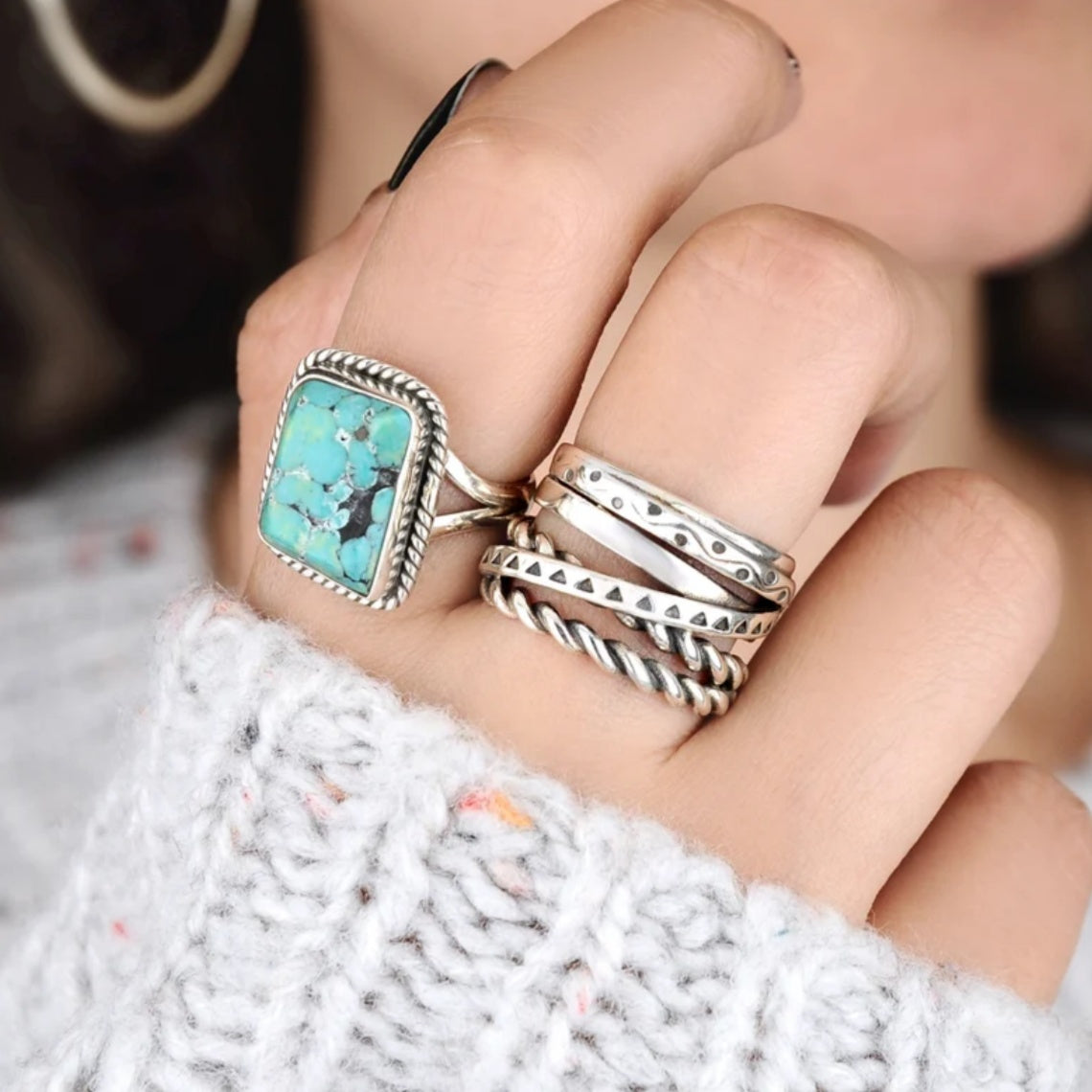 Vintage Pattern Multilayer Line Silver Plated Ring