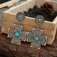 Retro Floral Design Turquoise Cross Carved Metal Earrings