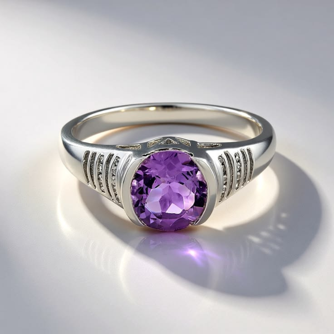 Stylish Silver Plated Round Purple Zirconia Ring