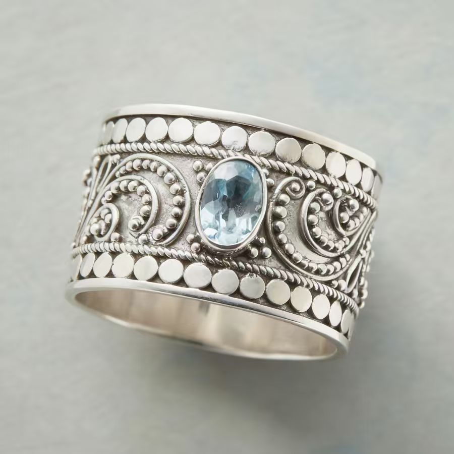Vintage Ocean Blue Round Cubic Zirconia Wide Band Ring
