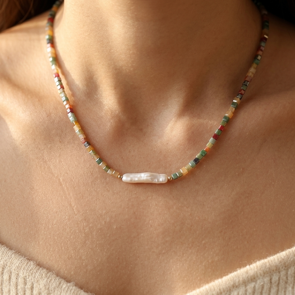 Colorful Natural Stone Square Beaded Necklace