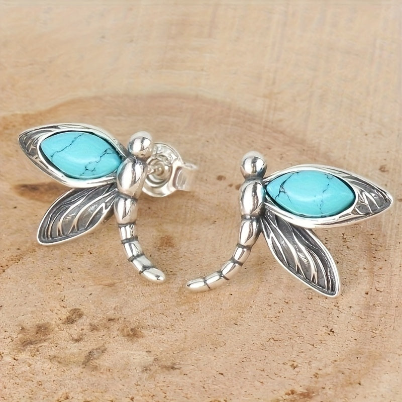 Vintage Turquoise Dragonfly Silver Plated Stud Earrings
