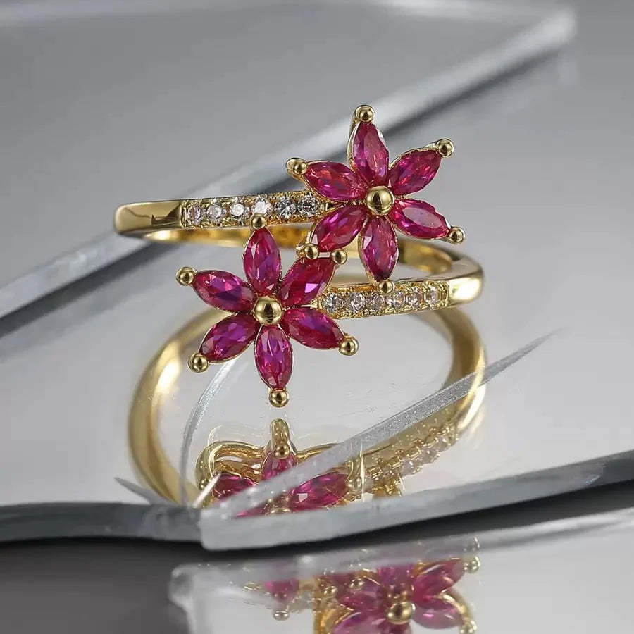 Elegant Vintage Design Cubic Zirconia Ruby Flower Wrap Ring Ring