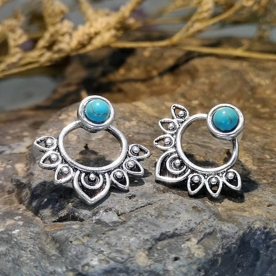 Vintage Turquoise Sunburst Stud Hoop Earring