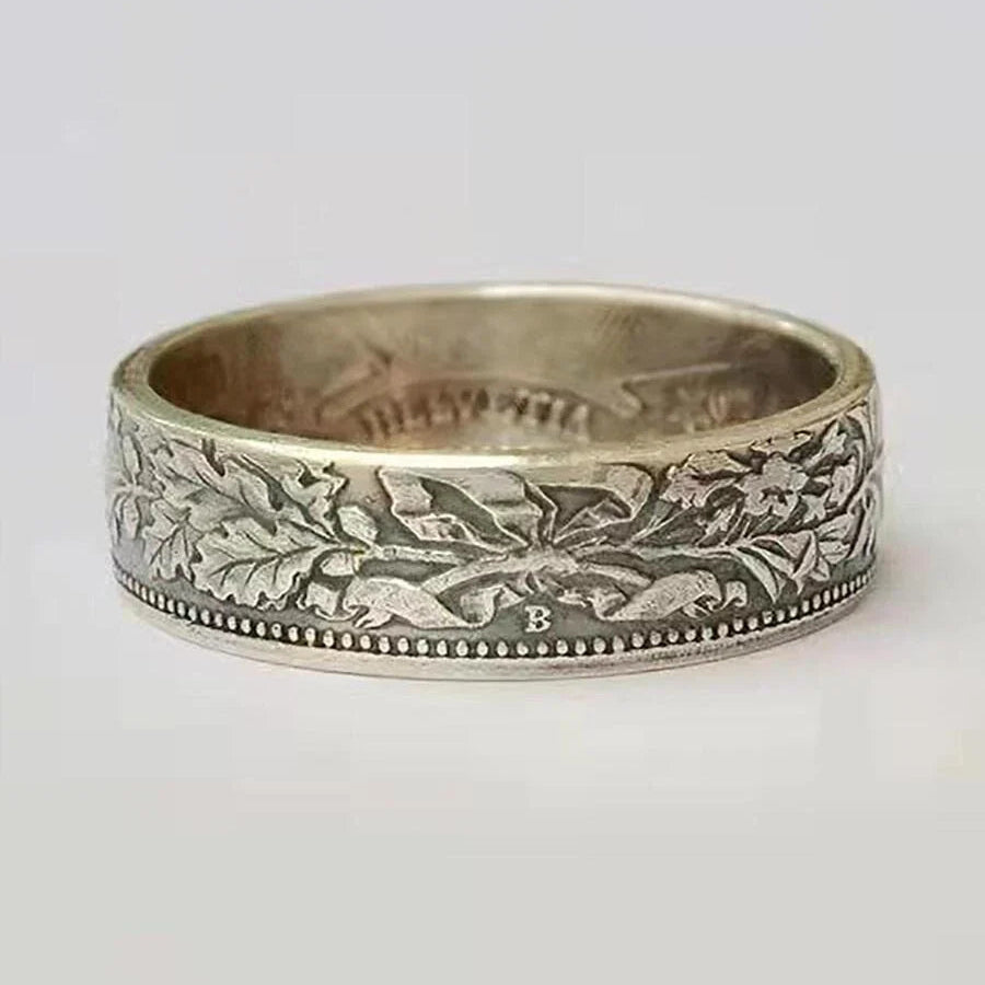 Vintage Silver Plated Snowflake & Coin Pattern Ring