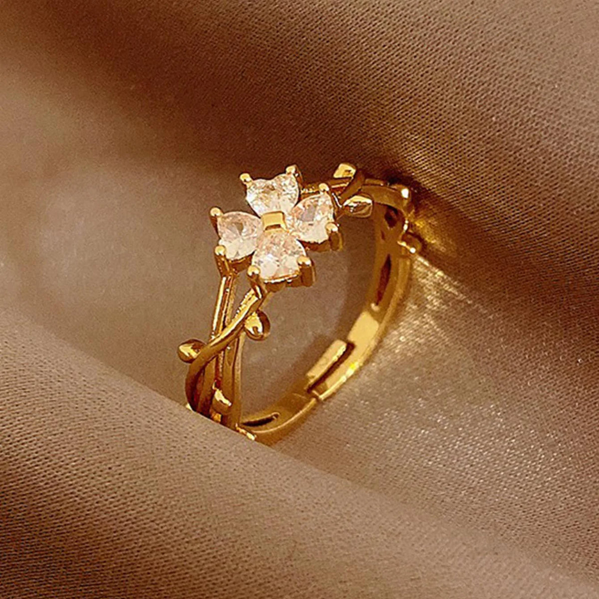 Elegant Adjustable Zirconia Flower Leaf Open Ring
