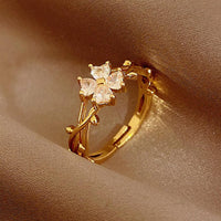 Elegant Adjustable Zirconia Flower Leaf Open Ring