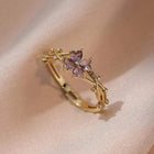 Elegant Purple Four Leaf Clover Zirconia Open Ring