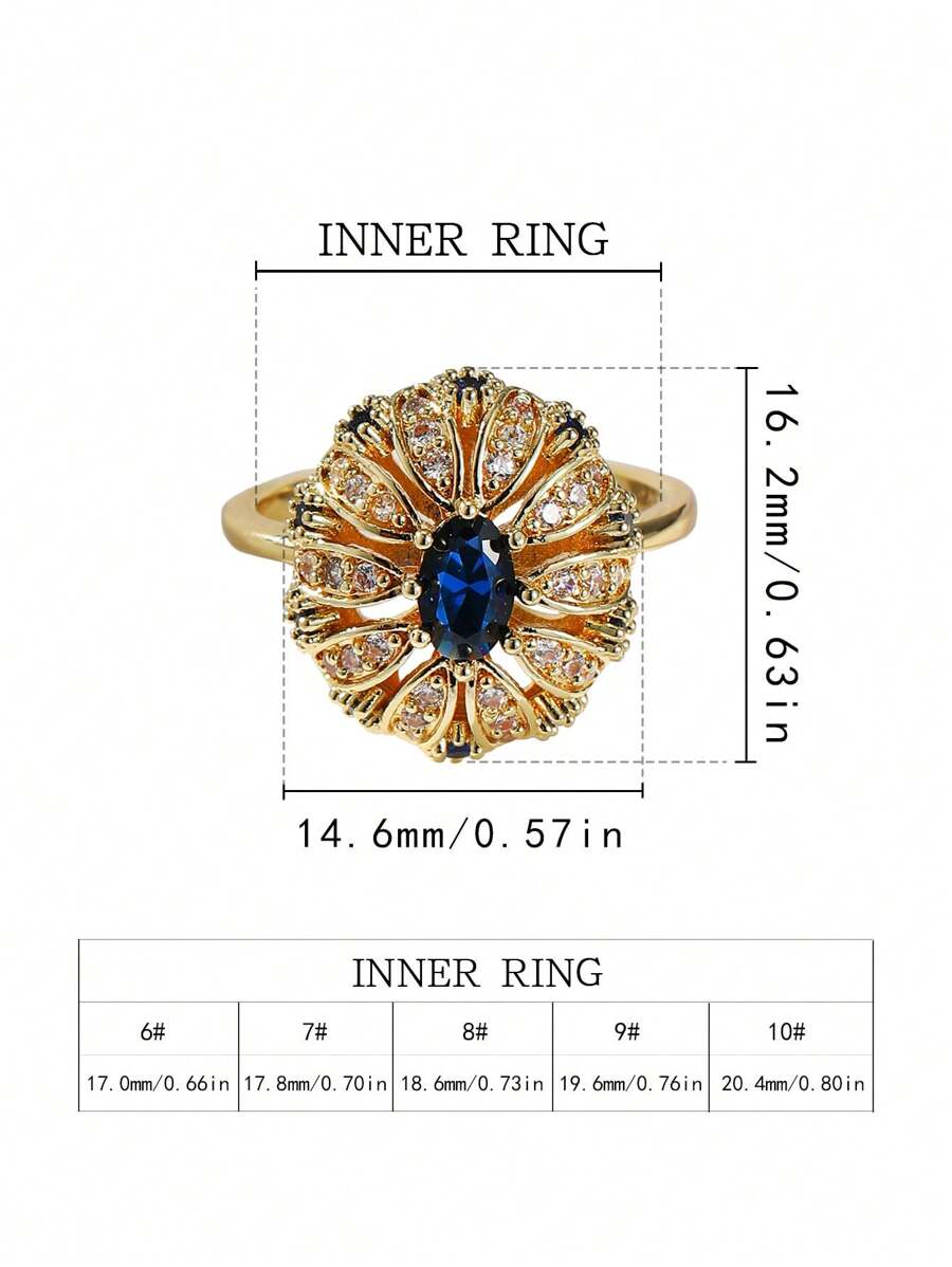 Elegant Gold Plated Sunflower Design Blue Zirconia Inlaid Ring