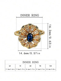 Elegant Gold Plated Sunflower Design Blue Zirconia Inlaid Ring