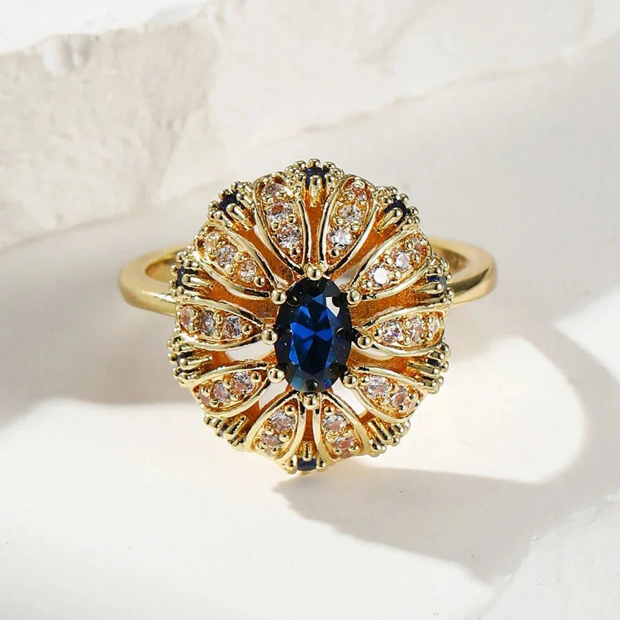 Elegant Gold Plated Sunflower Design Blue Zirconia Inlaid Ring