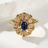 Elegant Gold Plated Sunflower Design Blue Zirconia Inlaid Ring
