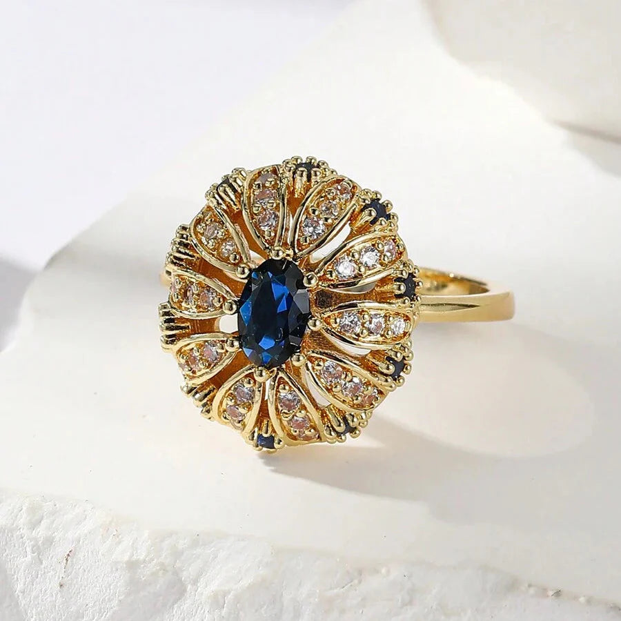 Elegant Gold Plated Sunflower Design Blue Zirconia Inlaid Ring