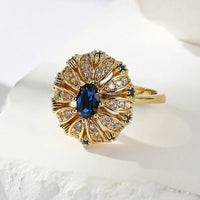 Elegant Gold Plated Sunflower Design Blue Zirconia Inlaid Ring