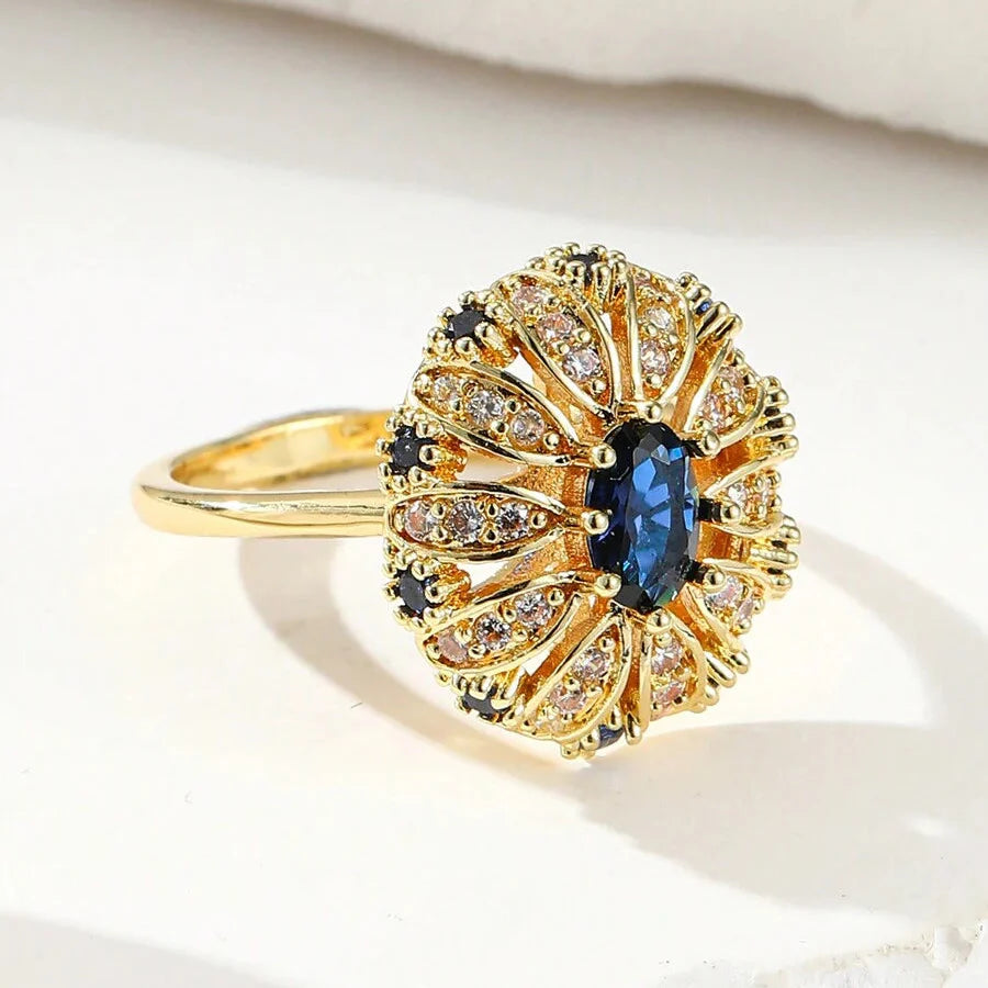 Elegant Gold Plated Sunflower Design Blue Zirconia Inlaid Ring