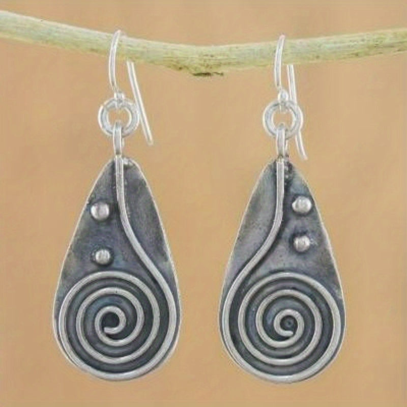 Vintage Spiral Teardrop Primitive Sun Silver Plated Earrings