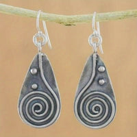 Vintage Spiral Teardrop Primitive Sun Silver Plated Earrings