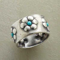 Bohemian Vibrant Silvery Flower Turquoise Wide Ring