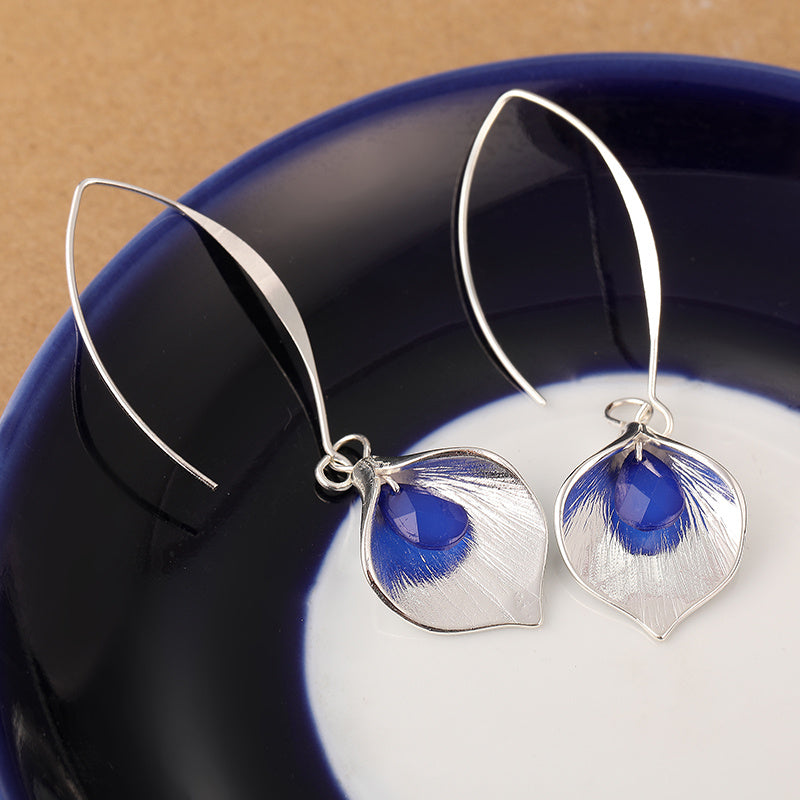 Elegant Blue Rhinestone Petal Drop Earrings