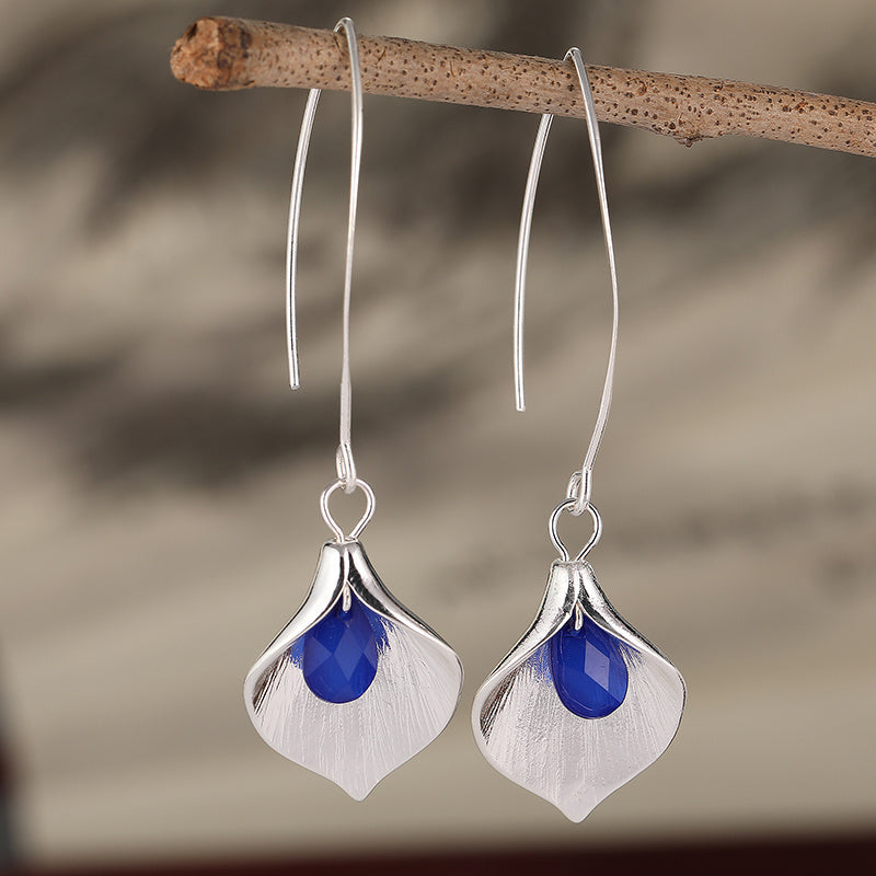Elegant Blue Rhinestone Petal Drop Earrings