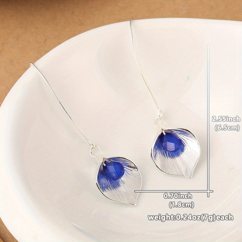 Elegant Blue Rhinestone Petal Drop Earrings